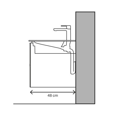 Perfil do lavatório ONE com projeção de 48 cm e drenagem horizontal