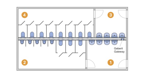 Zona 1: Antecâmara da casa de banho dos homens; Zona 2: Casa de banho dos homens; Zona 3: Antecâmara da casa de banho das senhoras; Zona 4: Casa de banho das senhoras