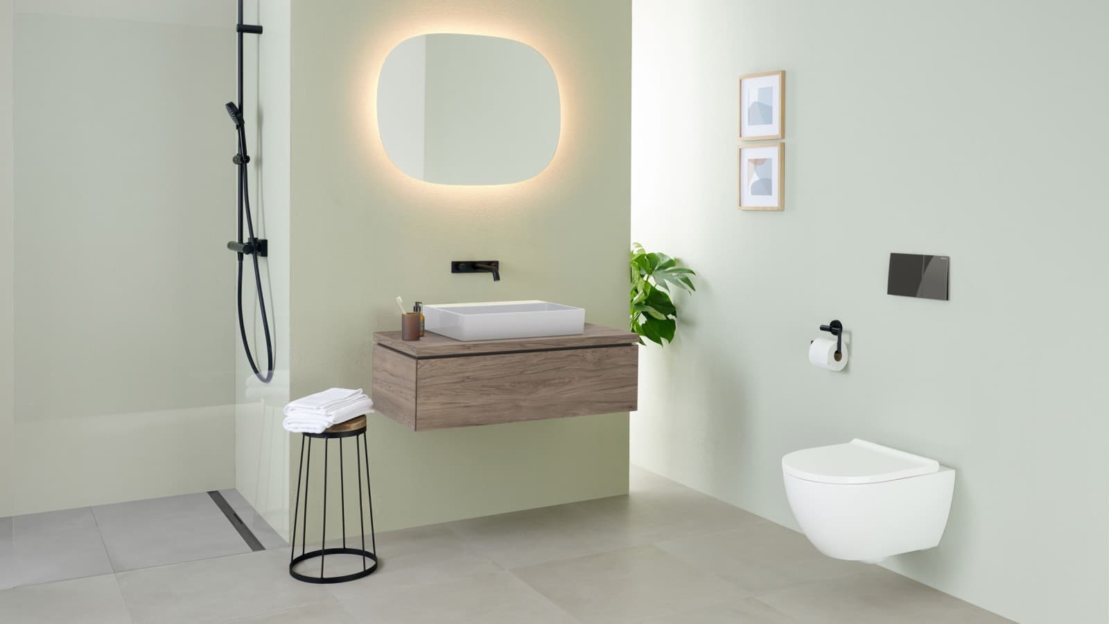 Lavatório Geberit ONE com espelho Geberit Option, design oval Lavatório Geberit ONE com espelho Geberit Option, design oval