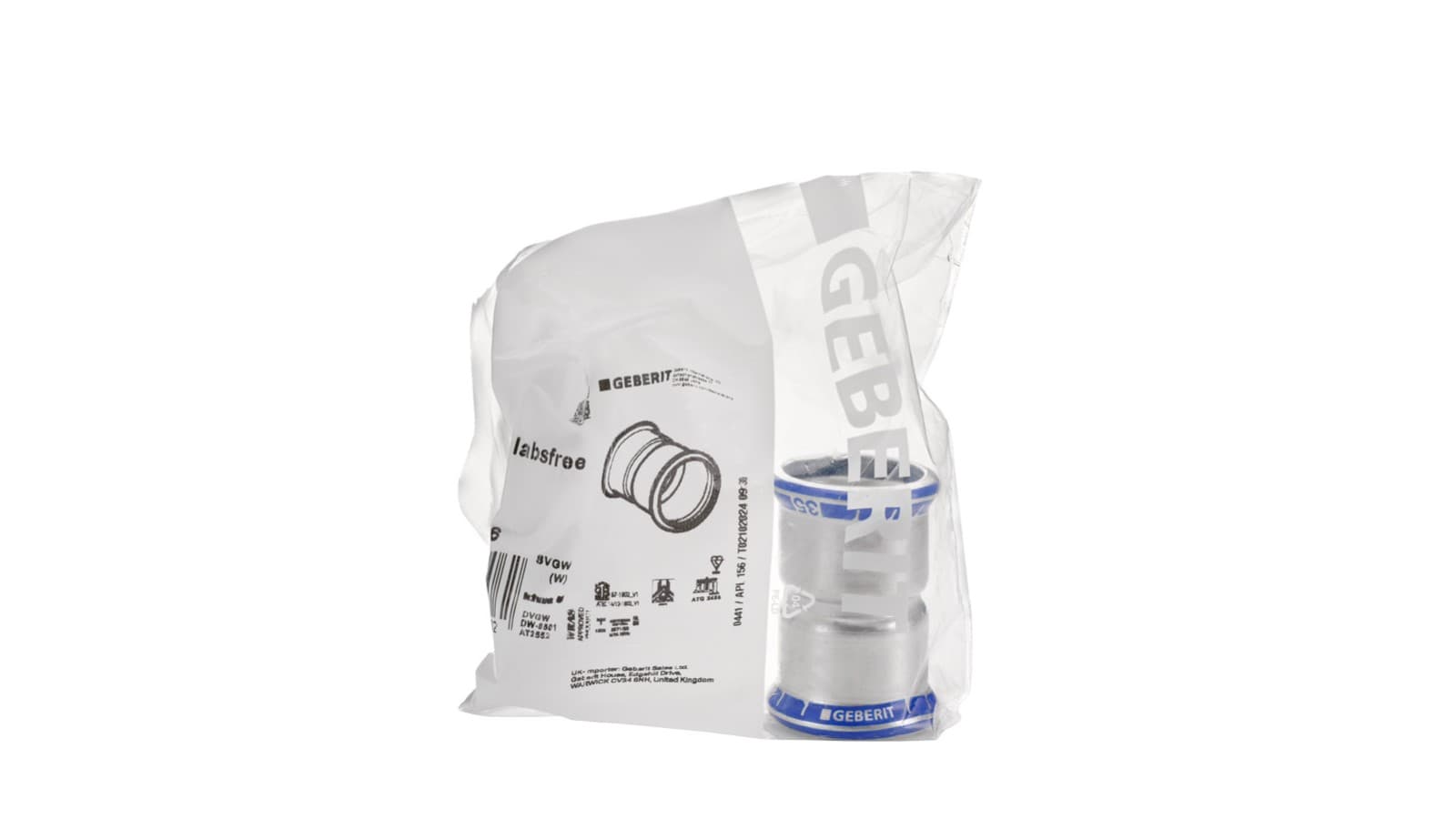 Os acessórios de compressão Geberit Mapress Aço Inoxidável, sem LABS, são embalados individualmente Os acessórios de compressão Geberit Mapress Aço Inoxidável, sem LABS, são embalados individualmente